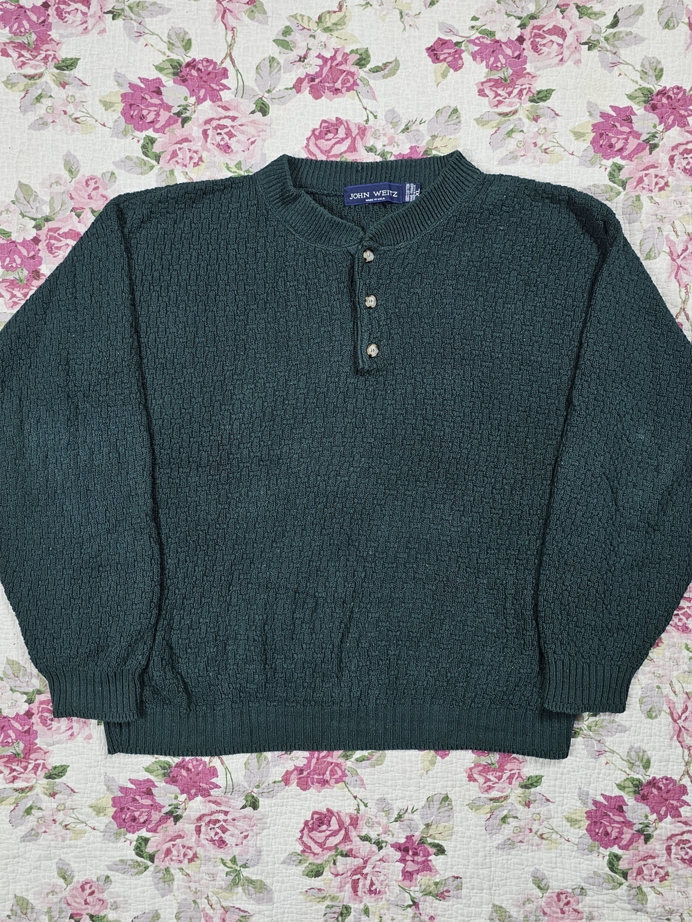 Vintage 90s Men's Cotton Tight-Knit Henley Pullover Sweater Green XL USA